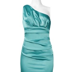 SUZI CHIN ONE SHOULDER RUCHED BODICE SATIN EMPIRE DRESS